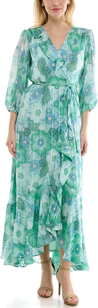 Maison Tara Women's V-Neck Ruffle Faux Wrap Maxi Dress (Green, M)
