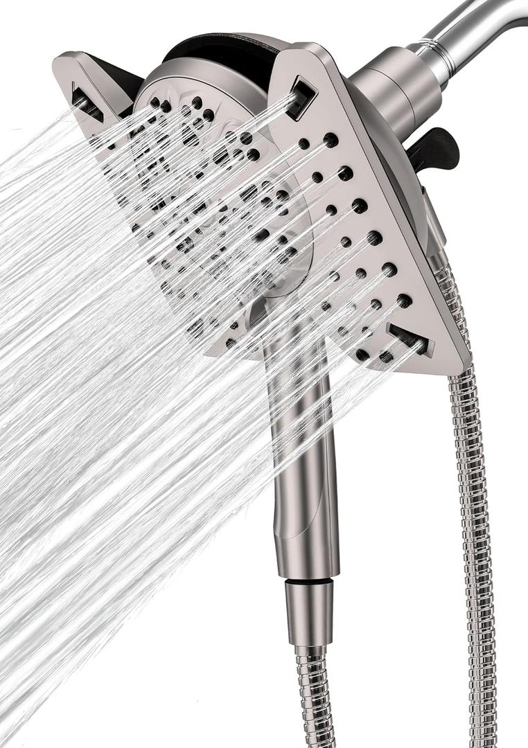 Shower Head with Handheld High Pressure, Rain Shower Head with Fixed Showerhead and 9 Sprays Handheld Shower, Detachable 2-IN-1 Shower head with 59" Rotatable Stainless Steel Hose (Brushed Nickel)