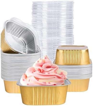 40 Pack Mini Cake Pans with Lids, 5oz Square Aluminum Foil Brownie Baking Cups, Muffin Tin Ramekins, Disposable Dessert Cupcake Cups for Wedding Birthday Party, Gold
