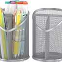 2 Pack Pen Holder Mesh Round Pencil (Silver)