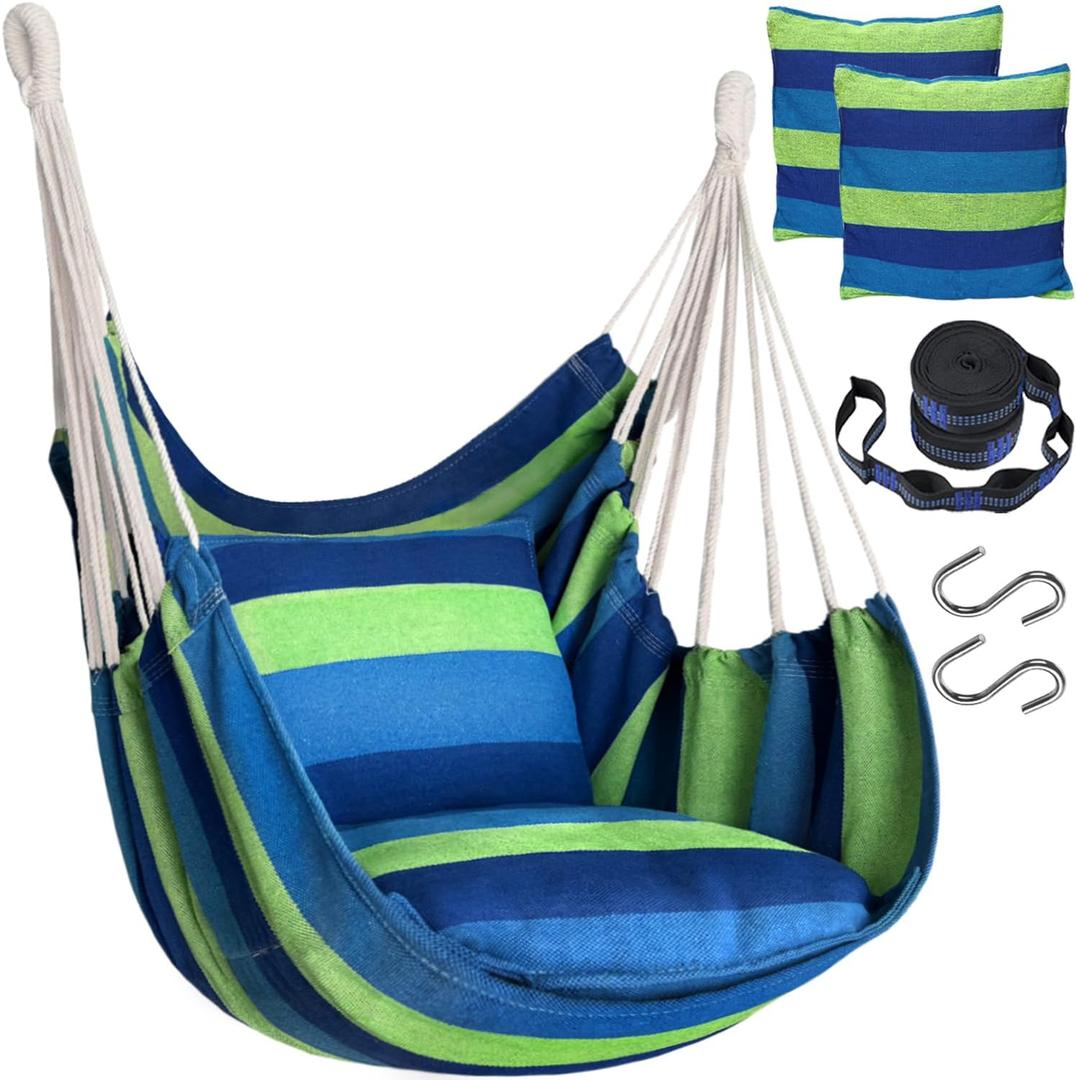 Halalona Hammock Chair Hanging Hammock Chair Rope Swing 2 Cushions Included-Sturdy & Durable Soft Cotton Hand Woven Hammock Swing for Bedroom, Porch, Patio-Indoor/Outdoor (Green & Blue)