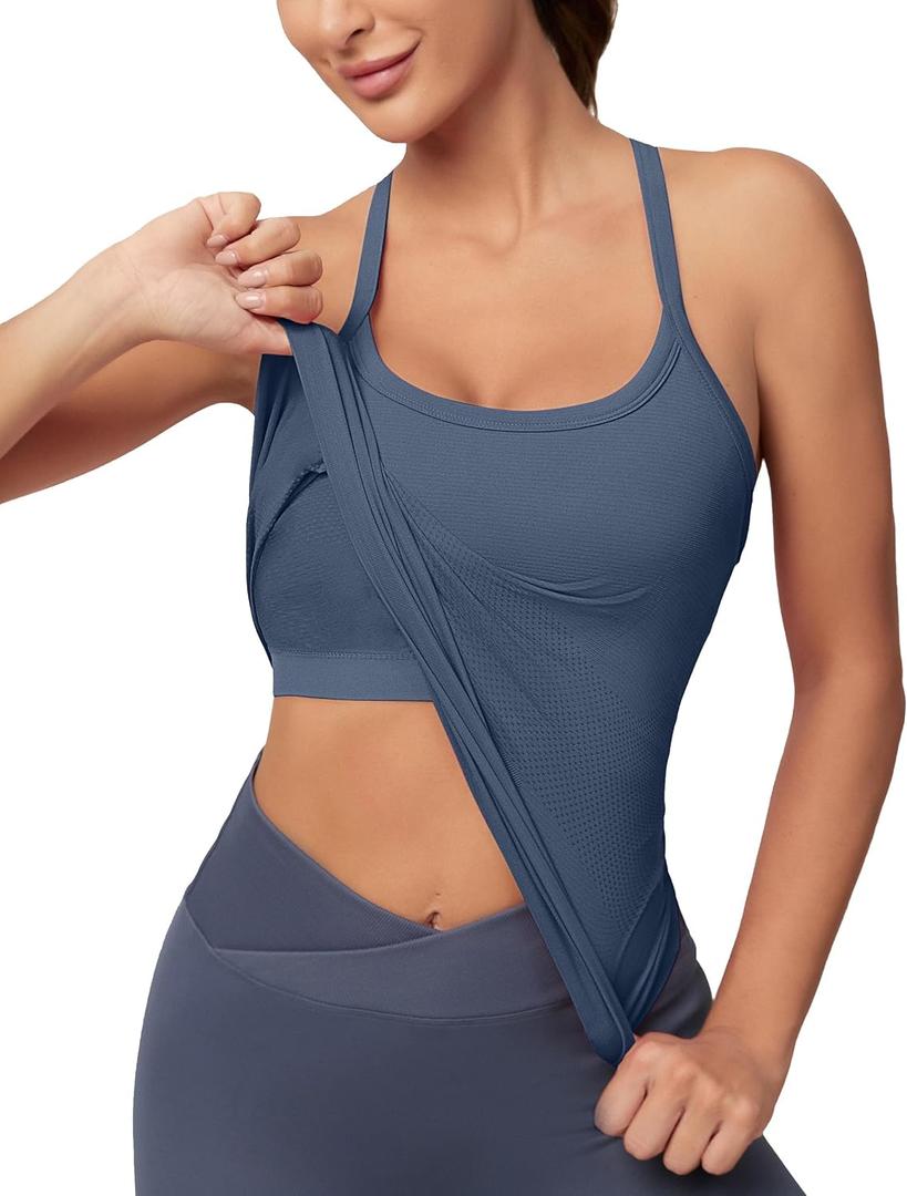 MathCat Workout Tank Tops for Women with Built in Bra, Sleeveless Gym Tops Seamless Racerback Athletic Yoga Shirts (Small, Grey Blue)
