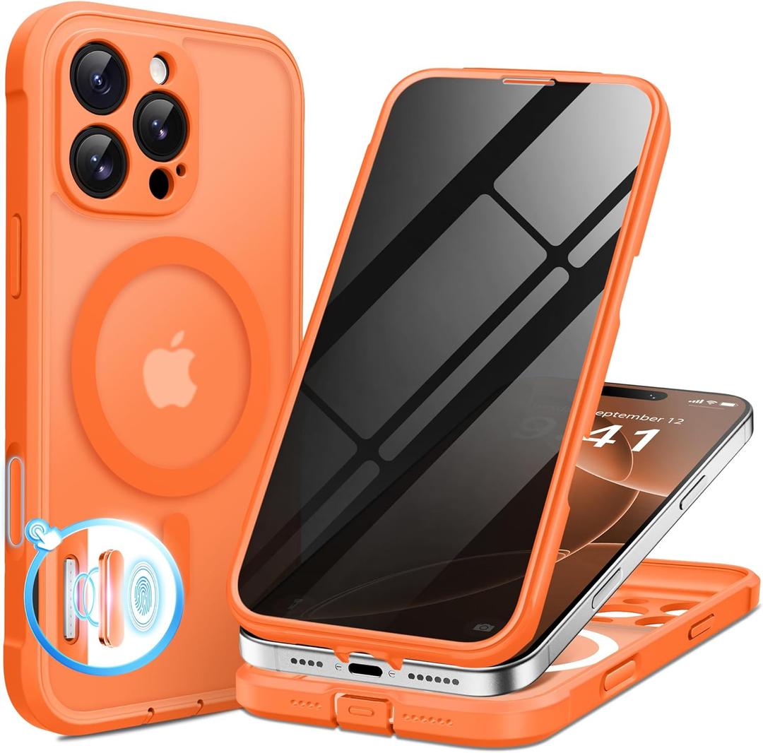 BERFY for iPhone 16 Pro Max Case, Compatible with MagSafe, Built-in Privacy Screen Protector and Camera Protection, Anti-Spy Full Body Shockproof Phone Case for 16 Pro Max 6.9", Matte Orange