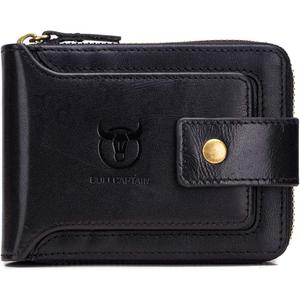 BULLCAPTAIN Genuine Leather Wallet for Men Large Capacity ID Window Card Case with Zip Coin Pocket QB-231 (Black)