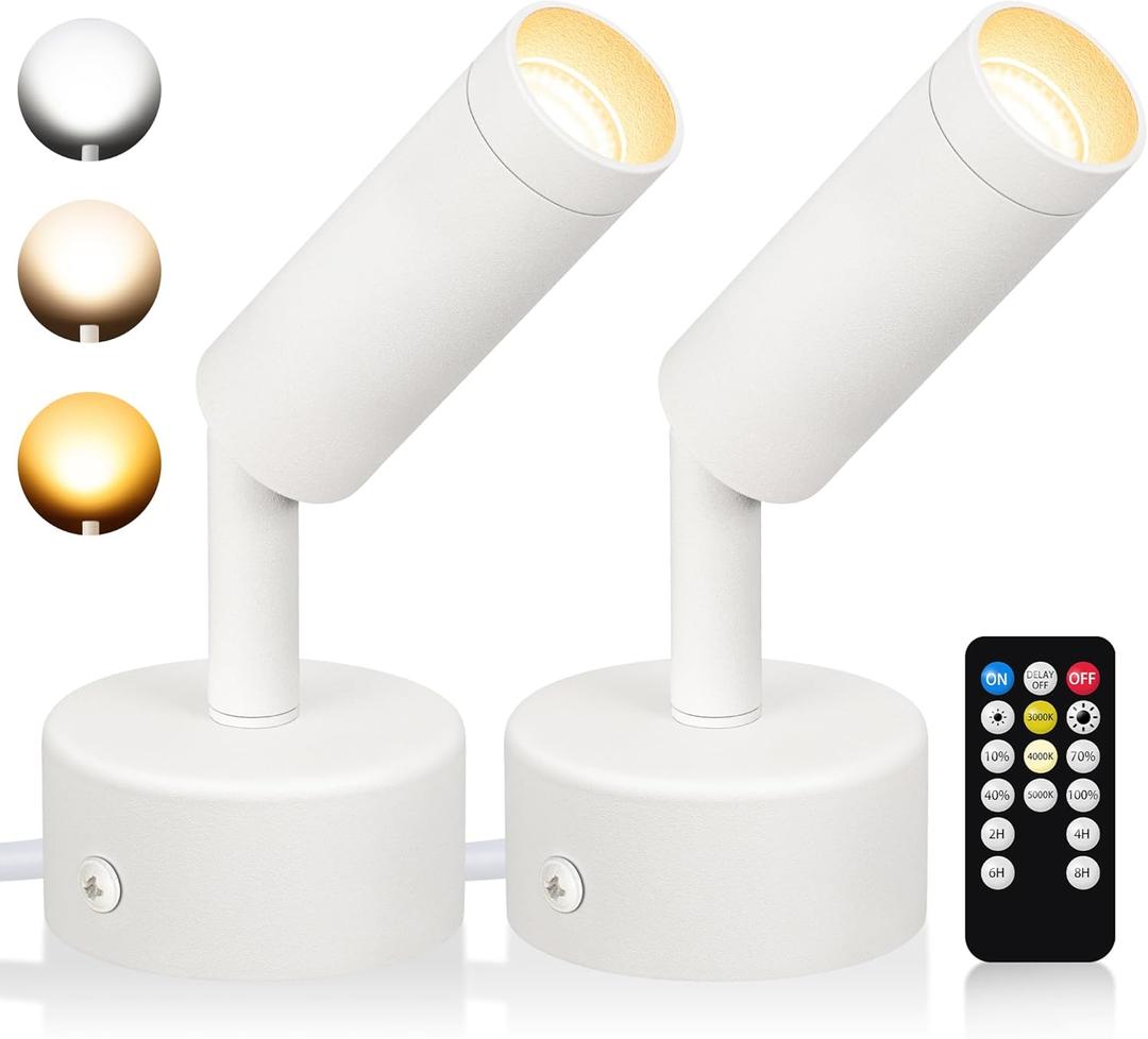 Dimmable LED Spot Lights Indoor, Remote Controlled with Timer, 3W Plug-in Up Lights, 3000K/4000K/5000K Uplighting Indoor Spotlight for Accent Lighting Plants or Artwork, 2 Pack (White)