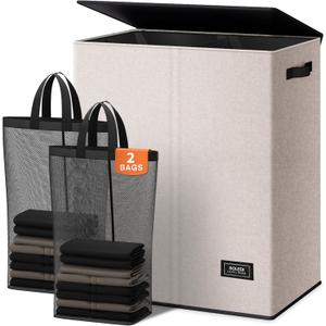 SOLEDI Large Double Laundry Hamper with Lid, Collapsible Clothes Hamper 2 section with Removable Bags, Space-Saving Laundry Basket for Bedroom, Dorm, College (145L, Beige)
