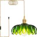 Plug in Pendant Light, Hanging Lights with Plug in Cord, Hanging Light Fixture with Green Glass, E26 Pendant Lighting for Kitchen Island, Bedroom, Dining Room, Living Room