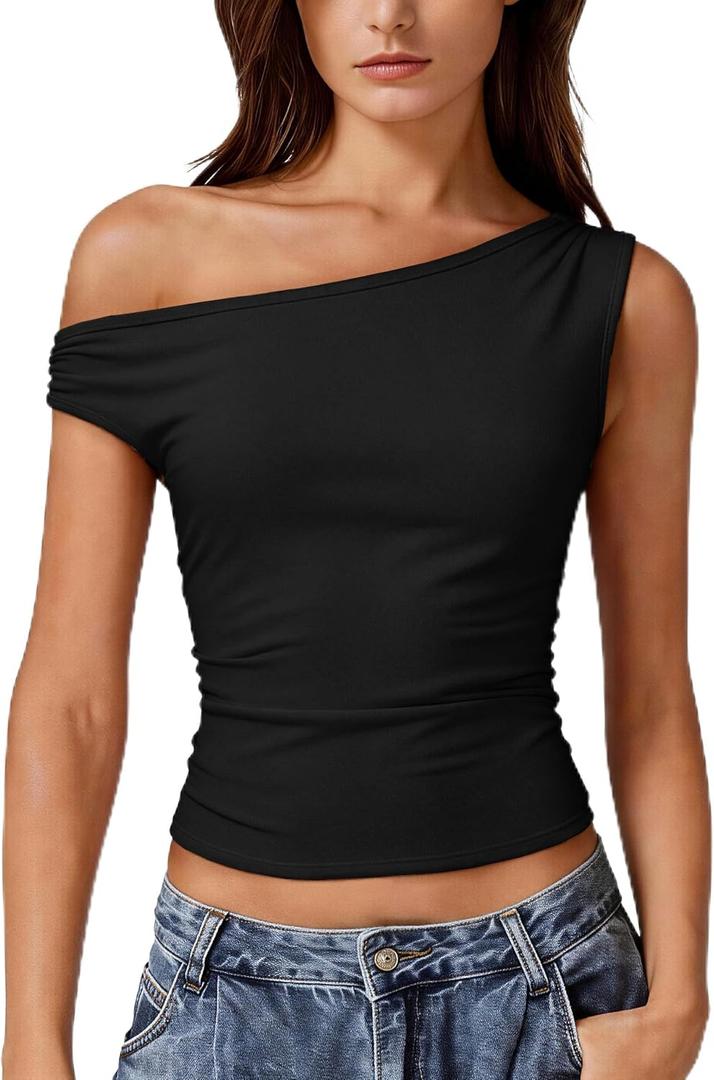 Women Off Shoulder Tops Sleeveless Shirts Y2K Going Out Crop Tank Top Black (Black, M)