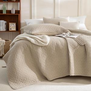 Sanracie Cotton Oversized King Bedspread(128"x120"), Soft Dark Wheat Color Stonewashed Extra Large Wide Oversized Quilt Sets Cross Stitch Lightweight Crinkle Coverlet Set 3Pcs for All Season