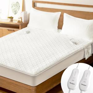 Electric Heated Mattress Pad Queen Size Dual Control Bed Warmer, Deep Pocket, Side Storage Pouch for Controller, Machine Washable, 3D Air Layer Fabric, 60"x80", White