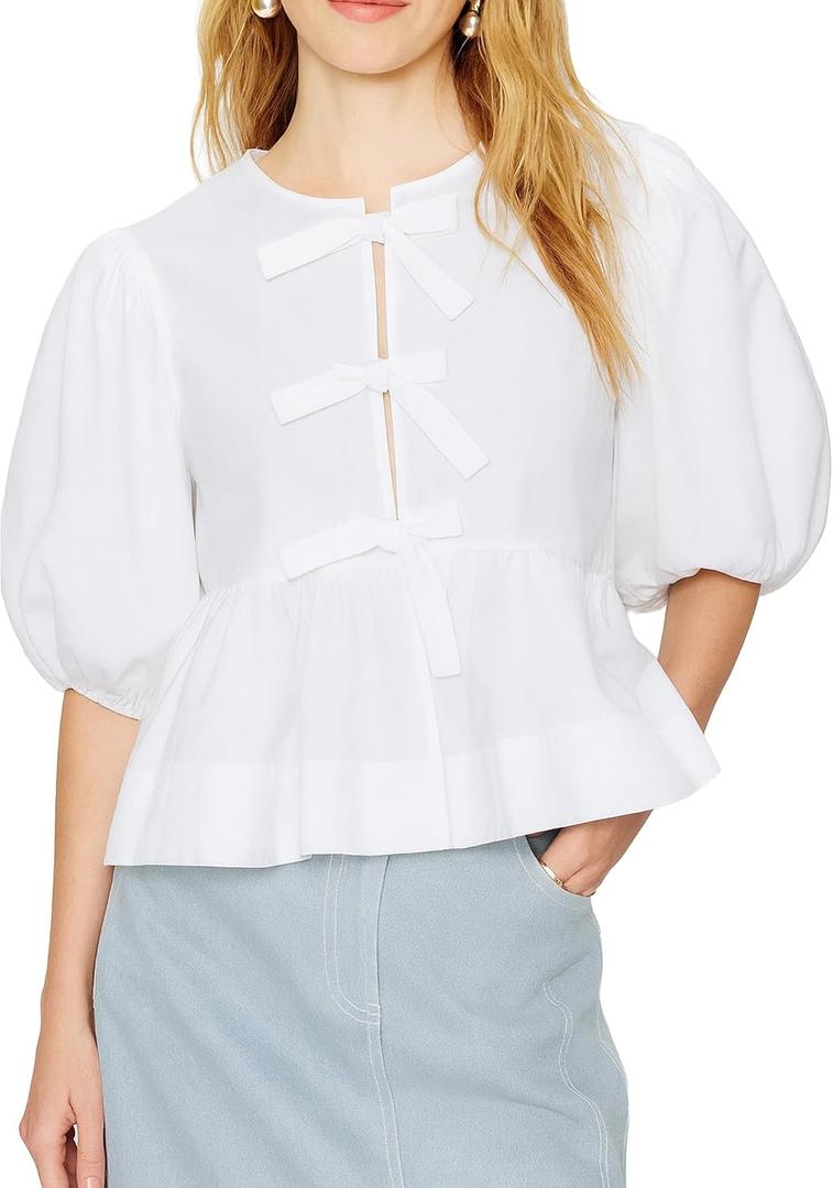 Women's Cotton Poplin Peplum Blouse, Structured Peplum Top with Silhouette for Casual & Chic Outfits (White, M)