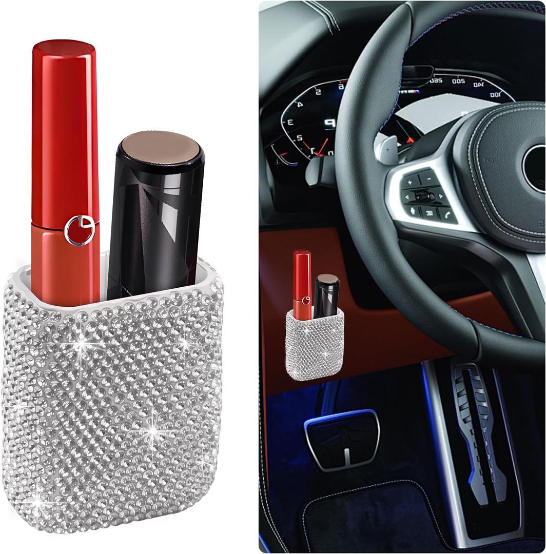 Bling Chapstick Holder for Car with Rhinestone,Portable Car Chapstick Holder as Chapsticks Organizer,Self-Adhesive Cars Lip Balm Holders Cars Interior Accessories for Women (White)