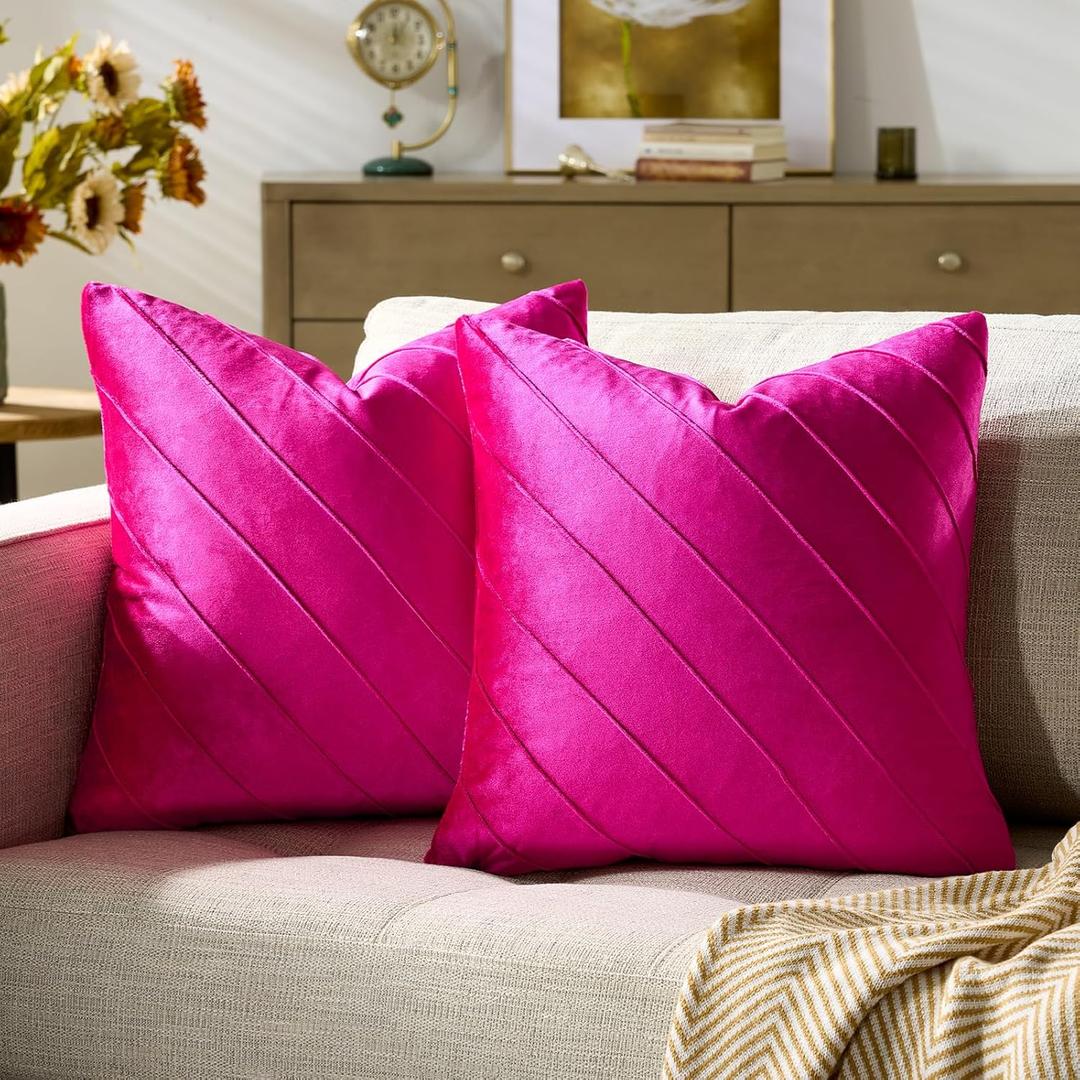 GIGIZAZA Hot Pink Velvet Pillow Covers 20x20, Set of 2 Couch Decorative Throw Pillows Covers Modern Cases Living Room Square Cushion Accent Stripe Covers