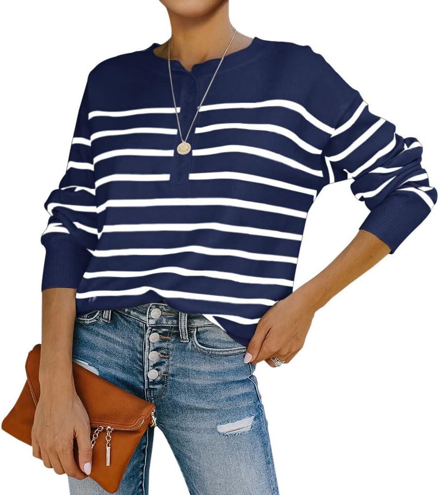 Womens Striped Henley Sweaters Soft Lightweight Long Sleeve Crew Neck Loose Fit Knit Pullover Tops (Small, Navy Blue)