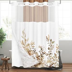 Tititex No Hooks Snap in Liner Tan Eucalyptus Leaves Shower Curtain Sets, Hotel Luxury Double Layers Waterproof Fabric & See-Through Top Window Bathroom Decorative 72x78 Inch
