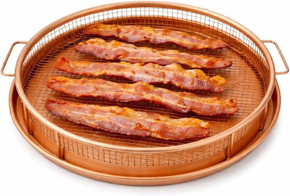GOTHAM STEEL 2 Piece Copper Air Fryer Tray, Non Stick Air Fry Crisper Baskets for Air Fryers, Oven and Dishwasher Safe, Round Pizza & Bake Pan Frying, PFOA and PFOS Free, Durable & ScratchProof