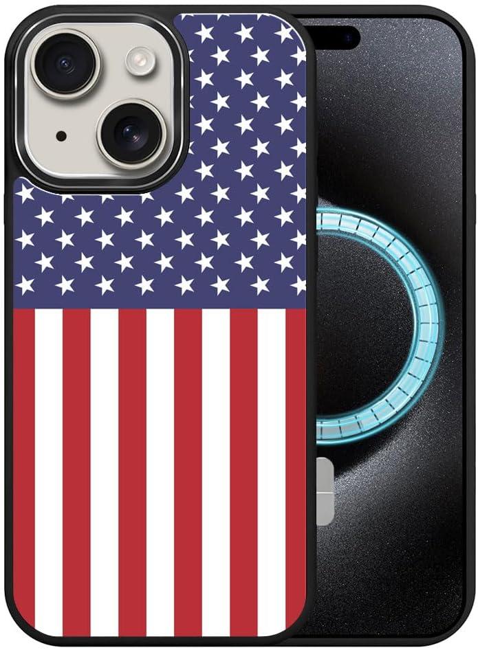 DJSOK Case for iPhone 15 Pro Max, Compatible with MagSafe, Shockproof Rugged Cover Case, Classic American Flag Red and Blue (Black)