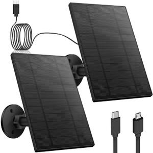 2PC 5W Solar Panel for Security Camera, Solar Panel with Micro USB & USB-C Port for DC 5V Outdoor Rechargeable Battery Camera, IP65 Waterproof, 360 Adjustable Security Mount, 9.8ft Cable(Black)