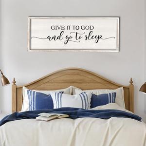 Give It To God And Go To Sleep Sign Wall Decor 40"X15" Master Bedroom Above Bed Large Farmhouse Wall Decor Wood Rustic Framed Over Bed Wall Art Hanging Decoration (White)