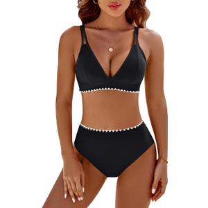 BMJL Women's Bikini Sets V Neck High Waisted Swimsuits Shell Stitched Cheeky Two Piece Bathing Suit (Small, Black039)