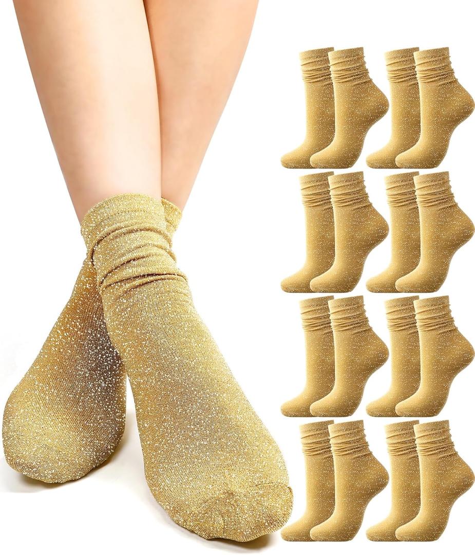Syhood 8 Pairs Gold Women's Novelty Glitter Ankle Socks Sparkly Metallic Casual Ladies Bright Retro Piles Ankle Socks