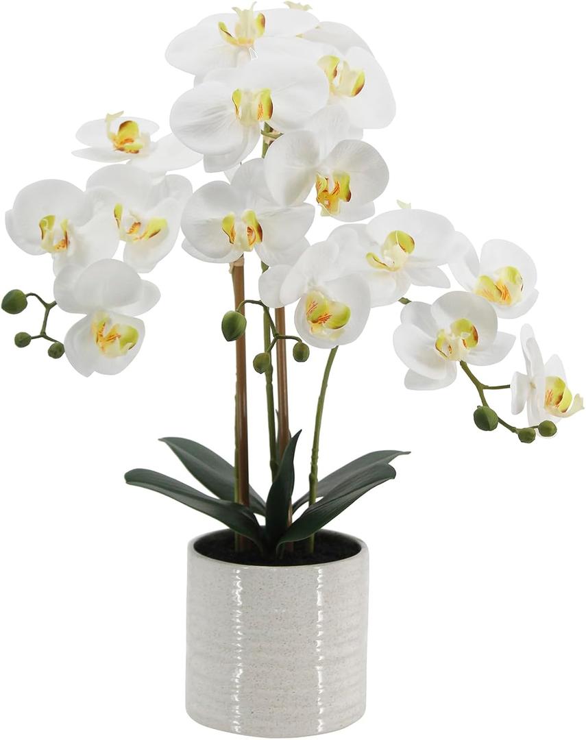 Artificial Orchid Flowers Fake Phalaenopsis Plant in Pot, 23" Tall Faux Orchids for Home Decor Indoor, Lifelike Silk Flowers for Centerpieces Office Arrangement-White