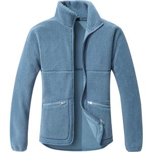 GIMECEN Women's Fuzzy Fleece Jacket Long Sleeve Zip Up Sherpa Coat Soft Polar Outerwear with Zipper Pockets (Medium, Denim Blue)