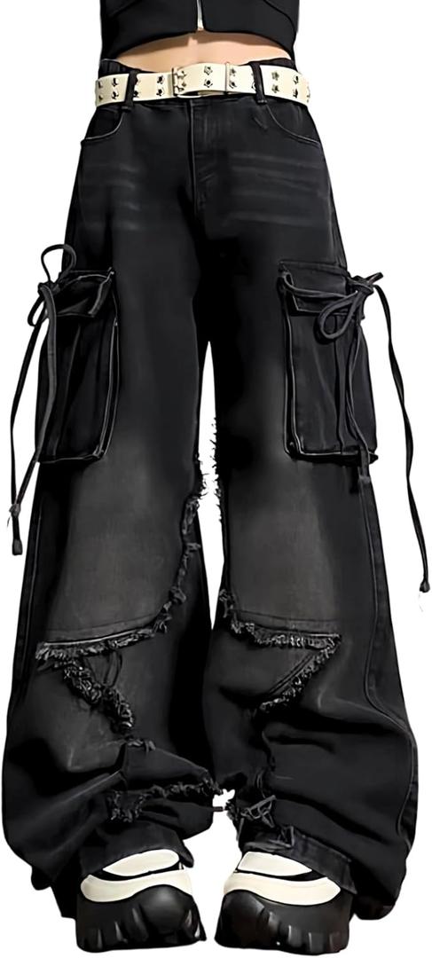 Womens Baggy Jeans Star Cargo Pants Y2k Wide Leg Jeans for Women Girls Cute Boyfriend Vintage Streetwear (Small, Black)