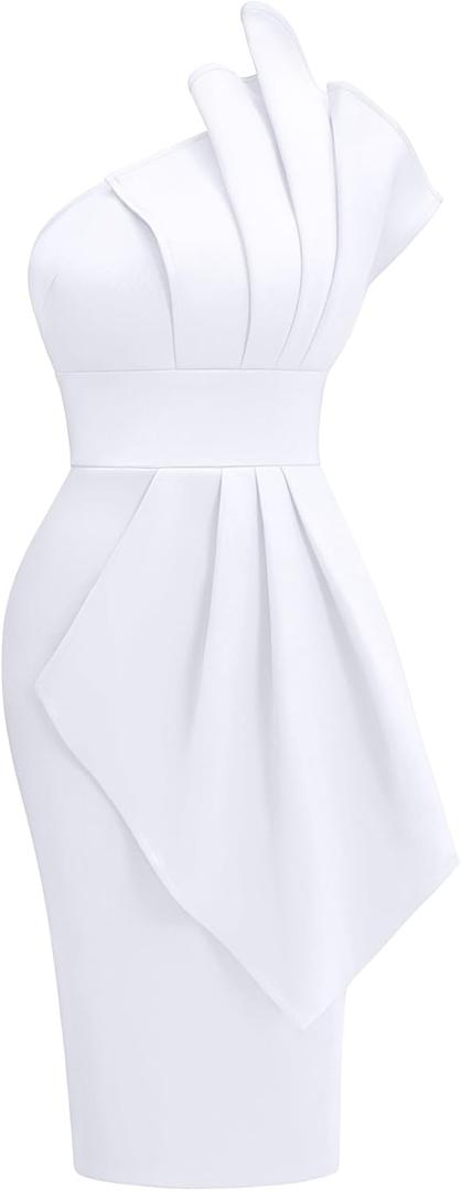 Memoriesea Women's Elegant One Shoulder Pleated Detail Bodycon Party Club Midi Dress (Medium, White)