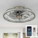 NORFOLK Low Profile Ceiling Fans with Lights and Remote, 20'' Flush Mount Lighting Fan, Smart Bladeless Caged Fandelier, 3 Colors Dimmable LED and 6 Speeds (Crafted)