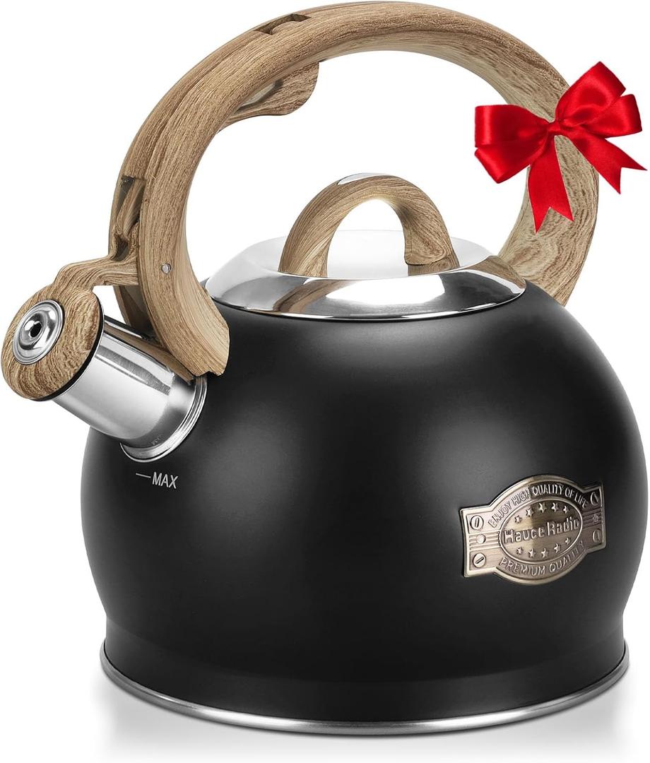 Tea Kettle, 2.1 Quart Loud Whistle Stovetop Teapot, Black Teapot Food Grade Stainless Steel with Wood Pattern Handle, Unique Button Control Kettle Outlet for Tea, Coffee, Milk