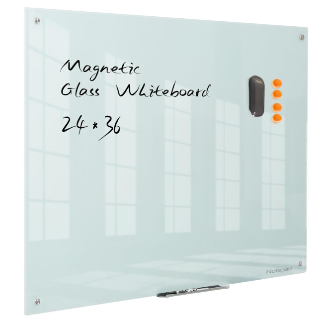 Glass Whiteboard Magnetic Dry Erase Board - Frameless Glass White Board 36 x 24 Inches, Wall Mounted, Office, Home & School