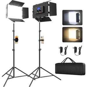 Unicucp 2 Pack Led Video Light Panel Light with Barndoor, 8000mAh Rechargeable Camera Light with 79'' Stand, Photo Studio Lighting kit for Video Recording Live Streaming Outdoor Indoor Photography