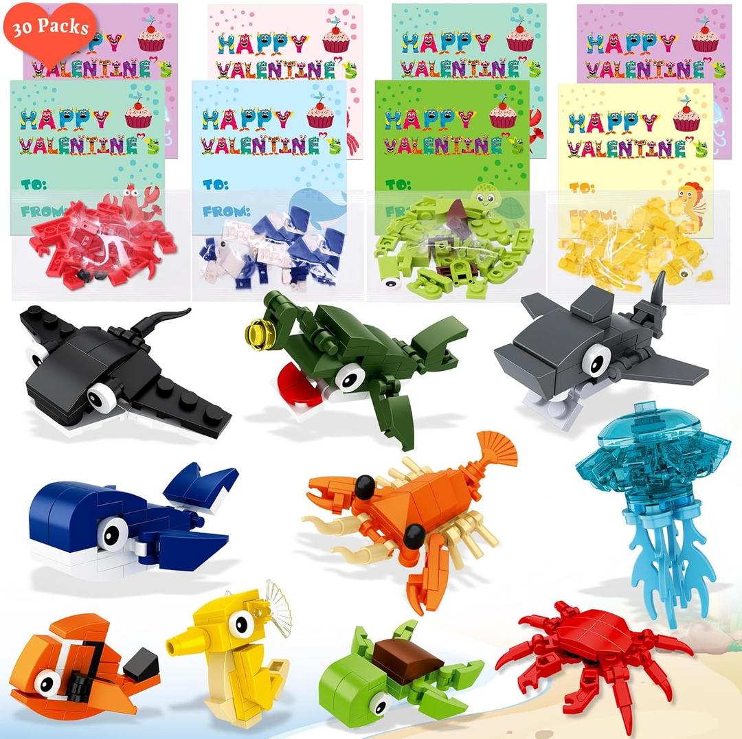 Building Block and Card Valentine Gifts 30 Building Blocks and 30 Cards for Kids' Party Favors, Birthday Gifts, Classroom Exchange Prizes, and Holiday Goodie Bags, Ocean Animal (Navy)