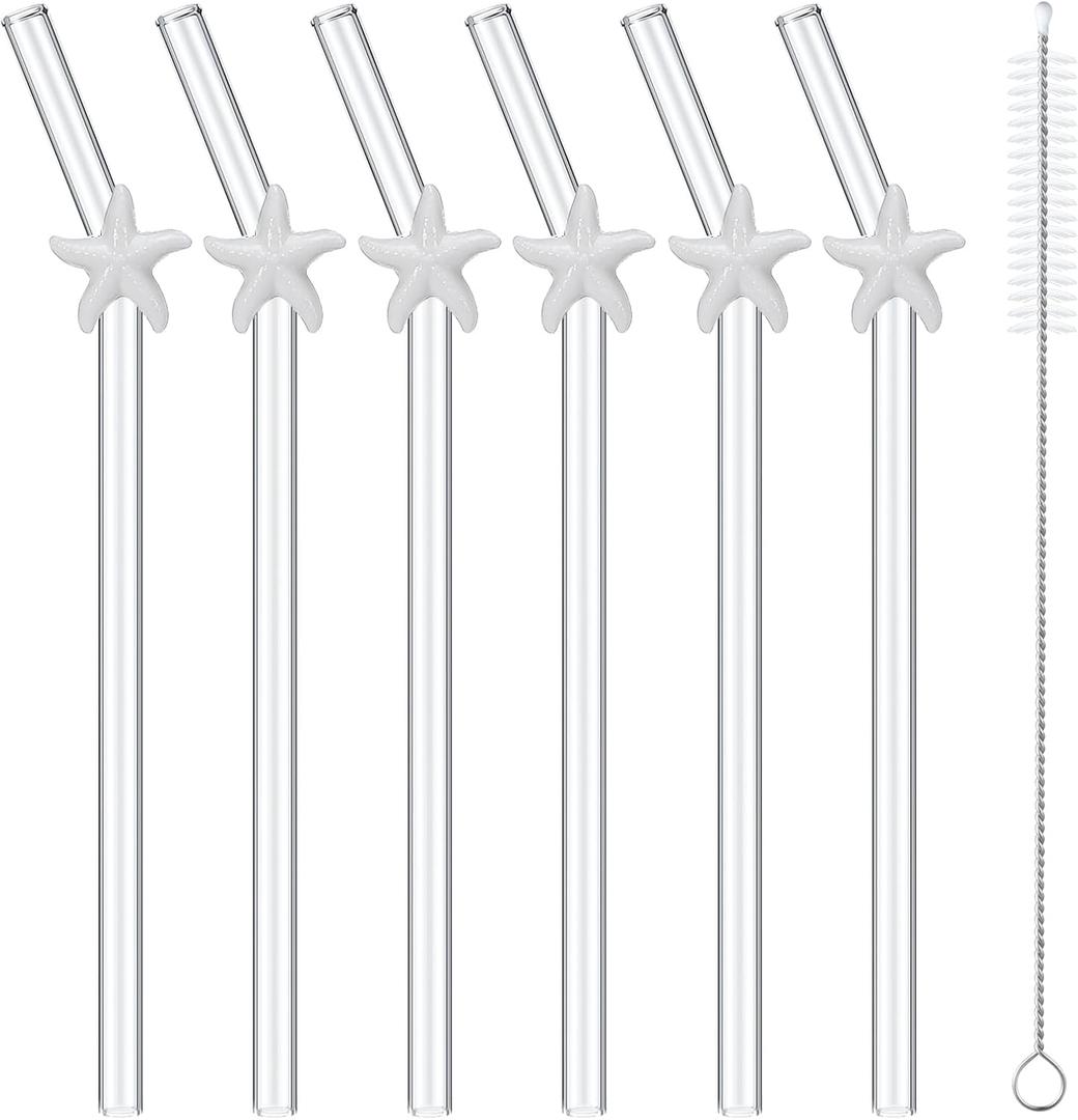 Honeydak 6 Pcs Reusable Glass Straws with 1 Cleaning Brushes, Glass Straws Shatter Resistant Drinking Straw Beach Ocean Themed Party Favors Bridal Engagement Drinkware Decor(Starfish,White)