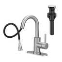 Brushed Bathroom Sink Faucet with Pull Out Sprayer for 1 Hole,Bar Sink with Pop-Up Drain,Single Handle Small Kitchen Faucet with 4 in Deck Plate,360°Swivel Faucet for Farmhouse Vanity