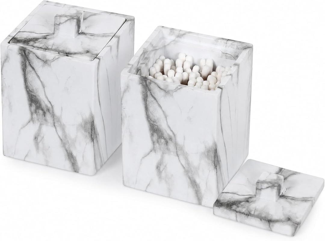 2-Pack Marble Pattern Cotton Swab Holders with Lids, Resin Bathroom Vanity Storage Jars, Square Qtip Containers for Cotton Balls, Pads, and More (White)