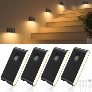 WILLED Motion Sensor Night Lights, Wireless Stair Lights Indoor, Battery Rechargeable Night Lights for Stairway, Hallway, Kitchen, Closet, Cabinet, Bedroom, Kids' Room(4-Pack) (Black)