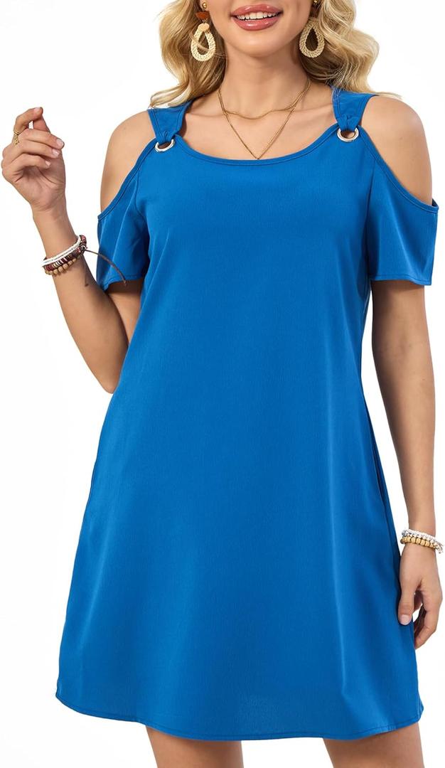 Summer Women's Casual Dress with Thin Straps Off-The-Shoulder Short Sleeves Flowing Beach Resort A-Line Dress (Blue, M)