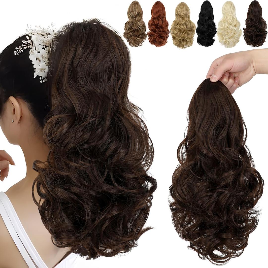 FELENDY Ponytail Extension, 15" Drawstring Ponytail Hair Extensions Wavy Curly Clip in Pony Tails Cute Hairpiece for Daily Use Synthetic Medium Brown