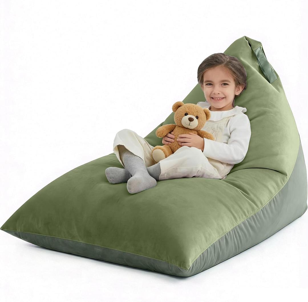 Stuffed Animal Storage Bean Bag Chair Cover for Kids (No Filler), 400L Extra Large Premium Velvet Lazy Sofa Cover, Washable Ultra Soft Triangular Bean Bag Chair Cover Double Green, X-Large(cover only)