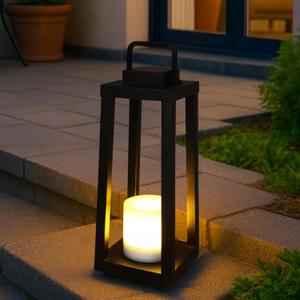 H16 Modern Outdoor Solar Lantern  Metal Frame with Flickering LED Candle, Waterproof and Portable for Patio, Deck, or Pathway Lighting