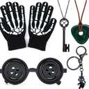 Button Eyes Glasses Skeleton Gloves Key Green Stone Necklace Black Cat Keychain Halloween Costume Cosplay Jewelry for Women Men (13+)