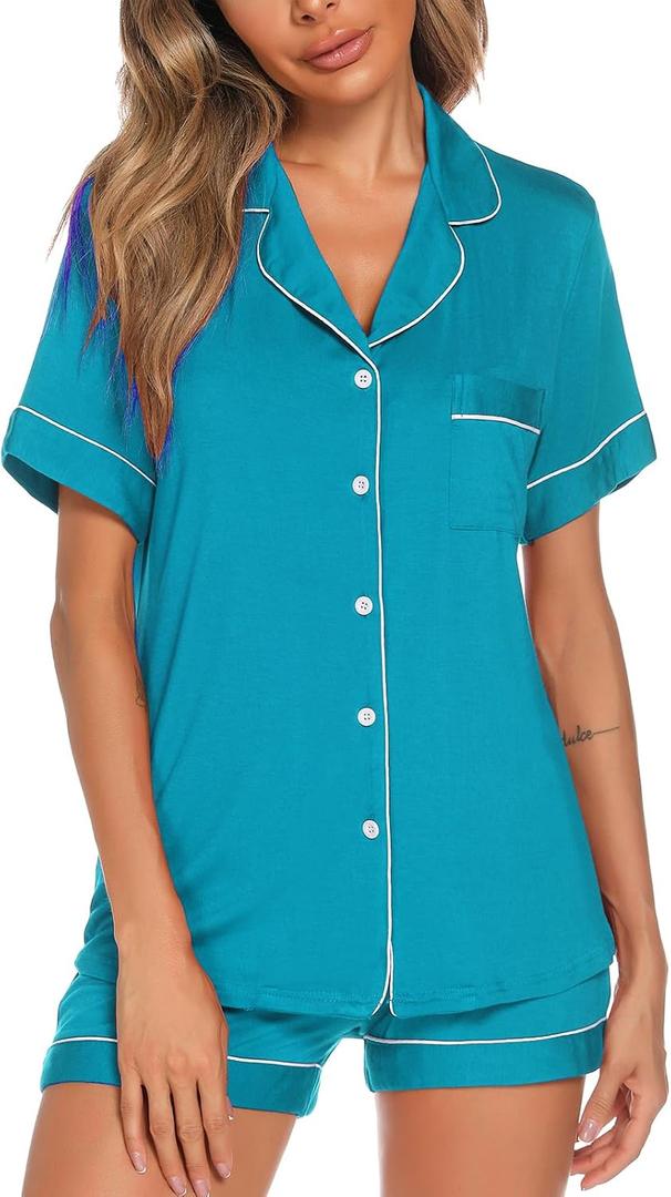 Aamikast Button Up Pajama Set for Women Shorts Short Sleeve Knit Sleepwear 2 Pice Pjs Sets (XL)