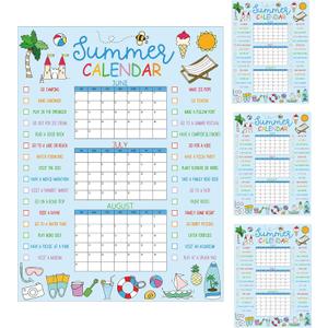 4 Pcs Summer Calendar Poster June July August Planner Large Wall Editable Summer Vacation Calendar Paper Activities Family Planner Checklist (Blue)