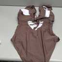 Women's One Piece Swimsuit Tummy Control Ruffle Bathing Suit Plung V-Neck Lace Up Swim Suit Cutout Swimwear, Brown, L