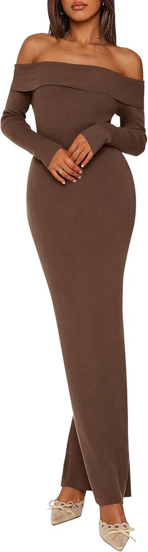 PRETTYGARDEN Womens Fall Sweater Dress 2026 Long Sleeve Off Shoulder Slit Maxi Bodycon Cocktail Party Dresses Spring Fashion (Medium, Dark Brown)