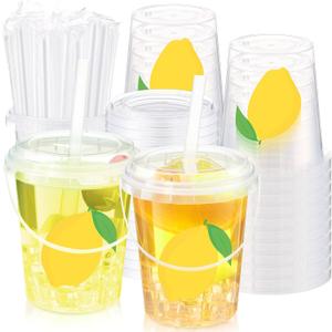 Funnymoom 50 Set Lemonade Buckets with Lids and Straws 34oz Clear Plastic Drink Cups Disposable Cocktail Drinking Pails with Handles Bulk for Summer Lemon Themed Wedding Birthday Party Supplies