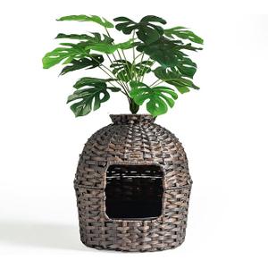 Cat Litter Box Enclosure, Hidden Litter Box Furniture with Artificial Plants, Handwoven Rattan Cat House with Cat Litter Box, Enclosed Cat Planter Litter Box（Brown）