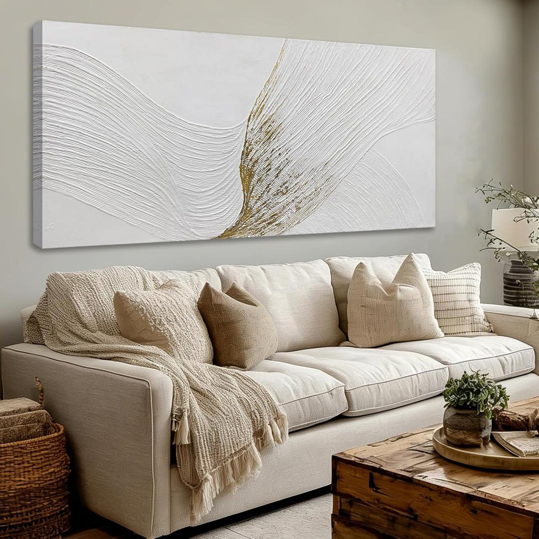 Hue7Art Contemporary White and Gold Abstract Canvas Wall Art Textured Line Design Minimalist Hand Painting Artwork for Living Room Bedroom Office Neutral Decor 29x58 Inch